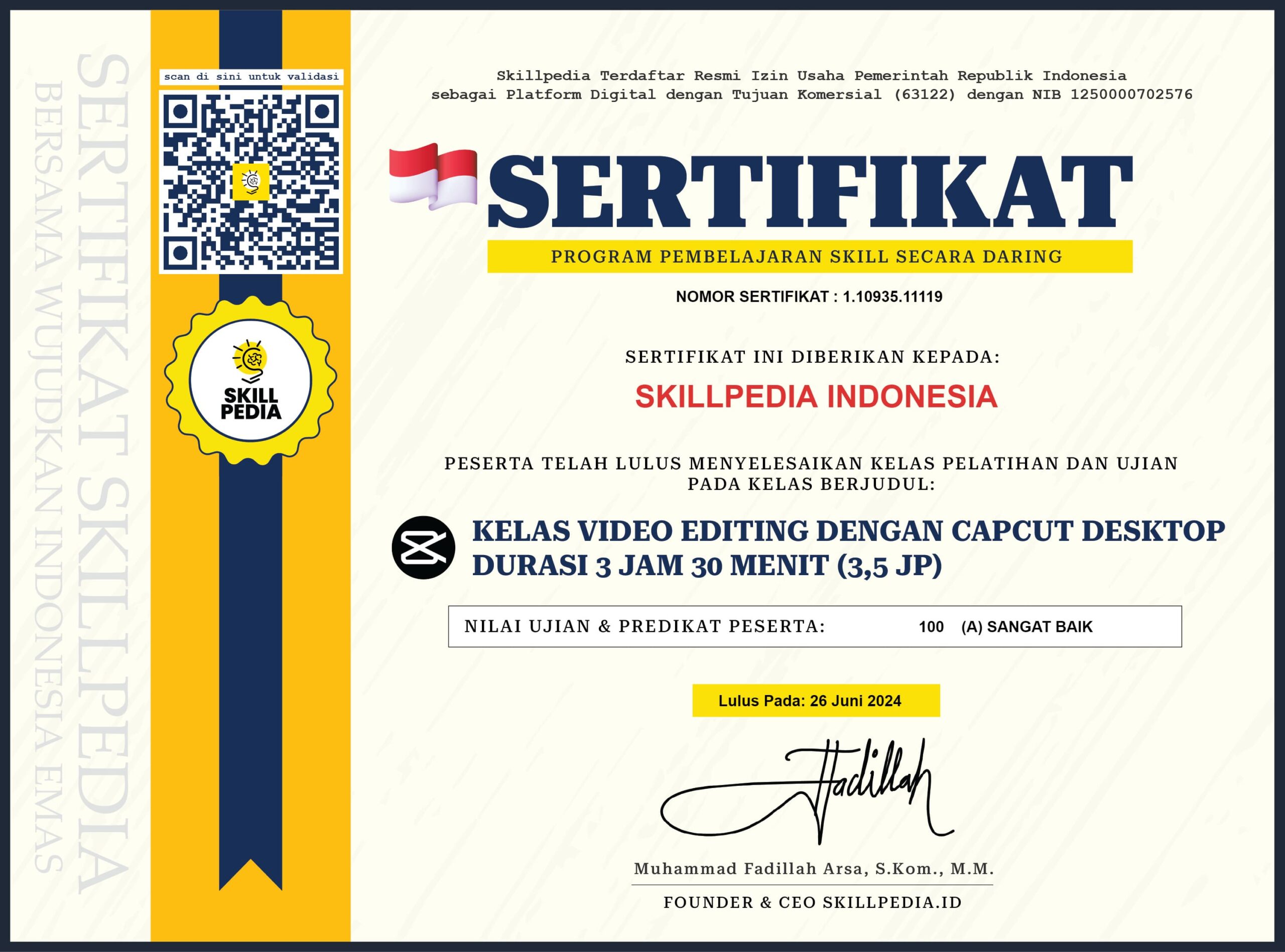 Contoh sertifikat Skillpedia